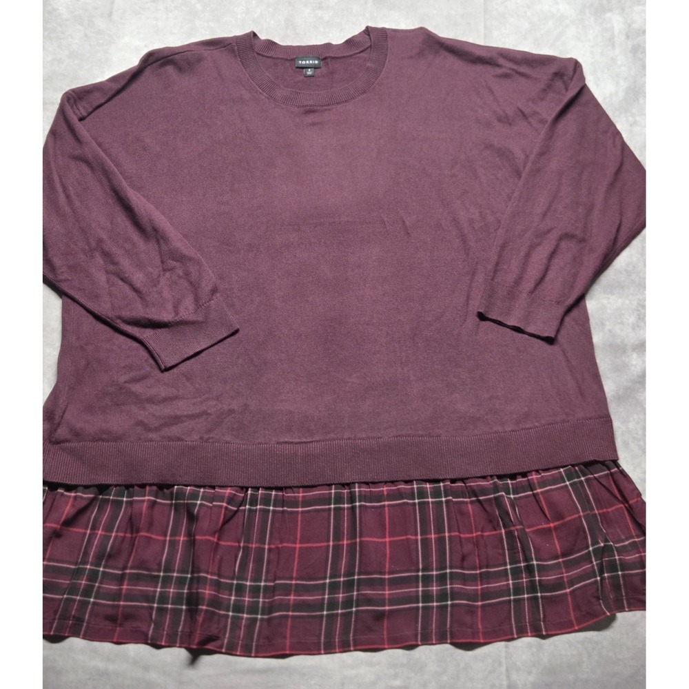 Torrid Womens Size 4 Burgundy Plaid Hem Knit Tunic Preppy Chic Cotton